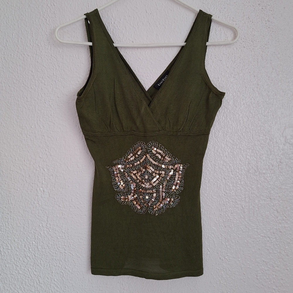 BEBE VINTAGE Olive Tank Top with Embellished Design